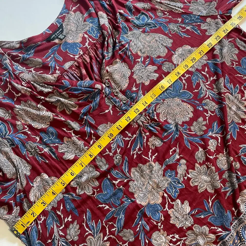 Lucky Brand Floral Henley Top Womens Size 2X Burgundy Blue Border Knit Peasant